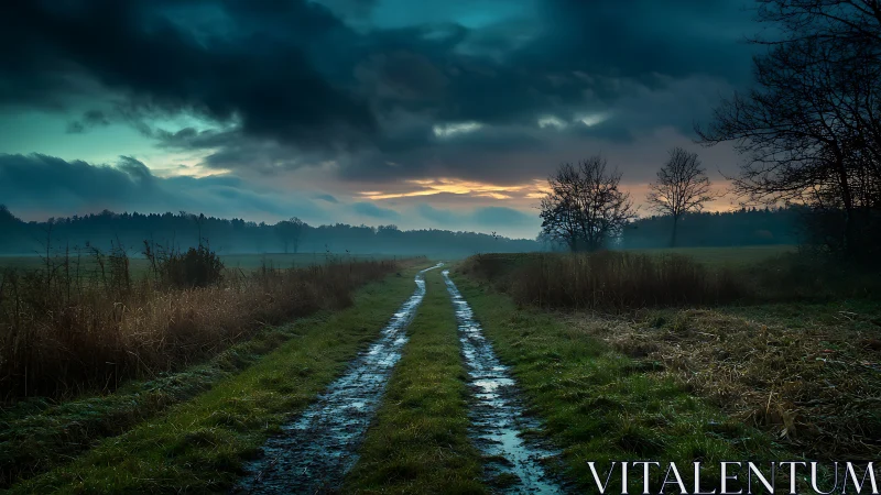 Muddy countryside track under dramatic storm cloud shelf at dusk