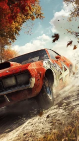 Classic muscle car powers through autumn dirt in dynamic drift
