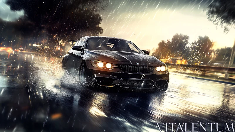 Midnight rain sprint with a sleek black street racer.