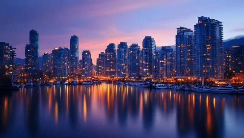 Harborfront city skyline glows over glassy twilight water.