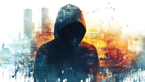 Hooded cyber figure dominates abstract burning cityscape.