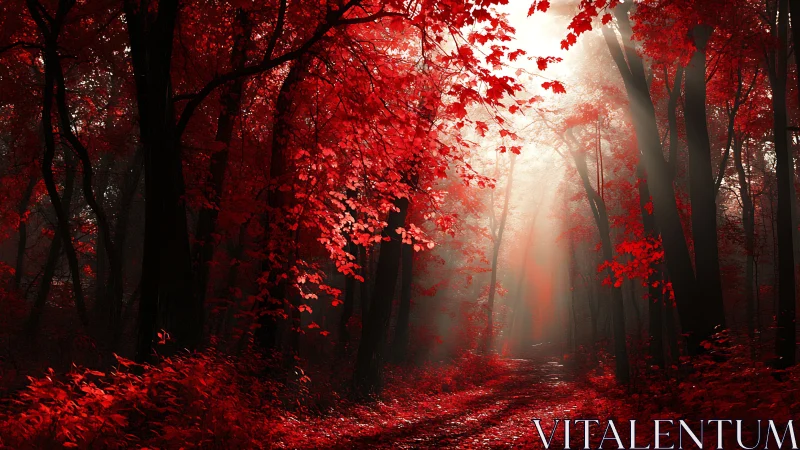 Crimson woodland tunnel glows where autumn's blaze consumes the path