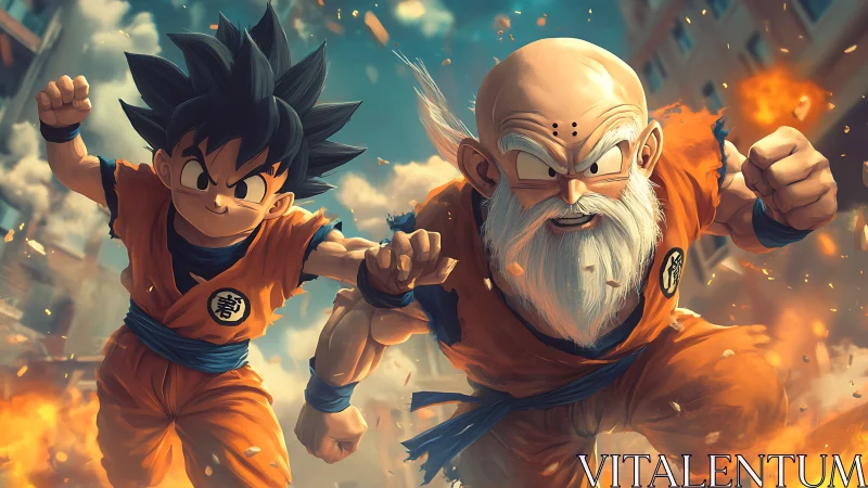 Anime fighters charge forward in fiery urban battle scene.