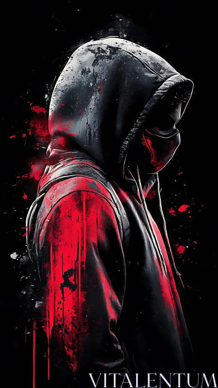 Hooded street figure in red splatter digital chiaroscuro.