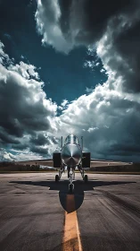Front view fighter jet on runway under dramatic clouds.