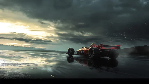 Red formula car races across stormy wet track at dusk