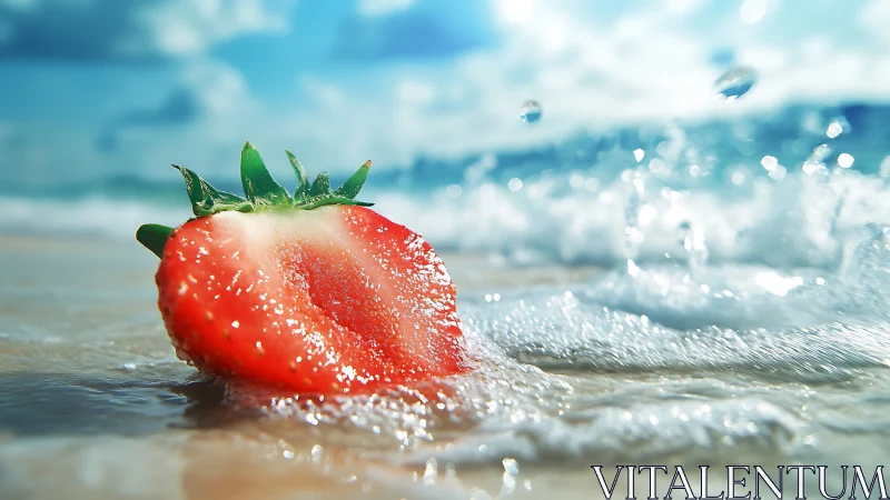Macro shoreline study of halved strawberry in tidal surge.