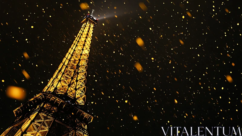 Eiffel Tower glows under golden night snowfall storm.