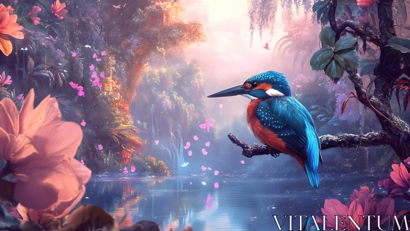 Bright kingfisher rests calmly above a dreamy flowered lake