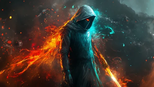 Hooded digital figure stands amid contrasting fire and smoke