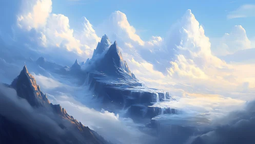 Snow covered fantasy peaks rising through bright clouds.