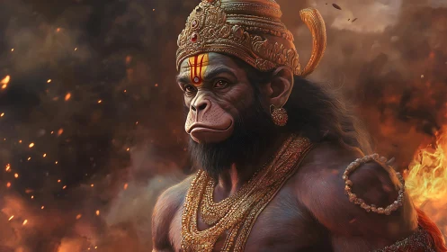 Simian warrior figure stands in ornate armor amid rising flames