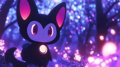 Cartoon black cat creature in glowing purple forest scene.
