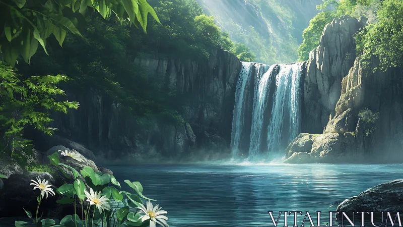 Sunlit forest gorge waterfall with reflective tranquil pool