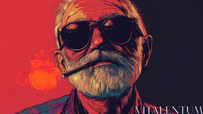 Elderly man with sunglasses smokes against split-color background