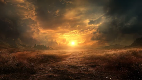 Stormlit golden plain under burning sunset horizon