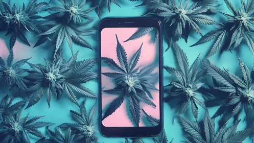 Cannabis leaves frame smartphone screen in neon contrast