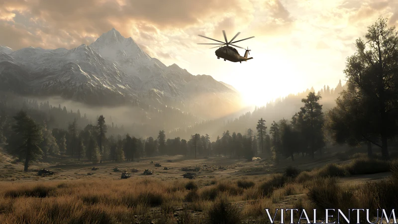 Military helicopter crosses sunlit valley beneath snowy peaks.