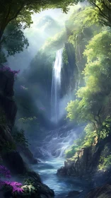 Sunlit forest waterfall in narrow misty gorge landscape.