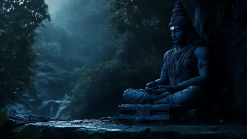 Stone Shiva figure in meditative pose within forest cavern.