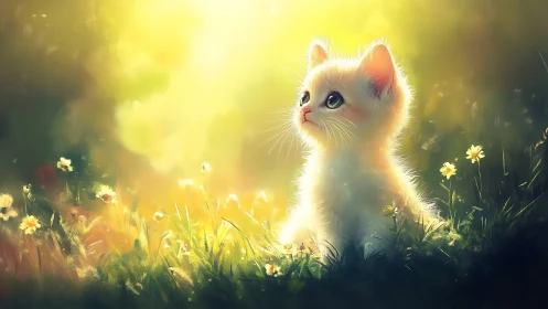 Luminescent Feline Portrait in Wildflower Meadow with Backlighting.