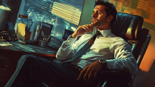 Pensive executive in warm office light reflects on decisions