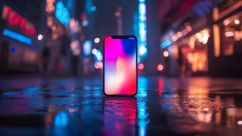 Smartphone stands on wet neon street with blurred city lights