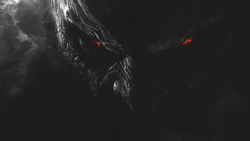 Demonic face emerges from darkness with burning red eyes