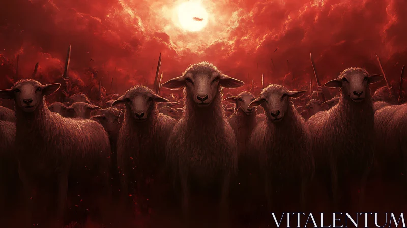 Sheep stand under red sky with backlit sun and weapons