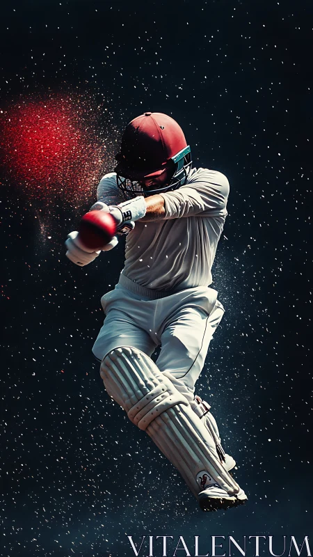 Cricketer mid air executing power shot with dynamic particle burst