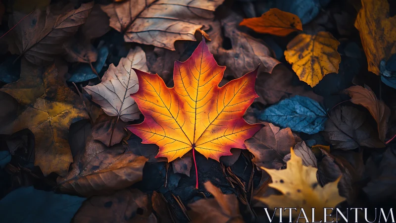 Sunlit maple leaf glowing gently in a quiet autumn nest.