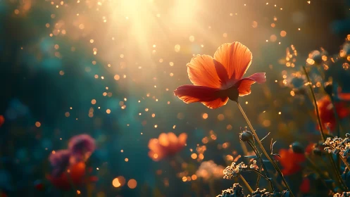 Luminous Orange Flower Blooms Against Golden Bokeh Background