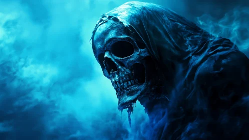 Hooded skeletal wraith in blue atmospheric fog lighting