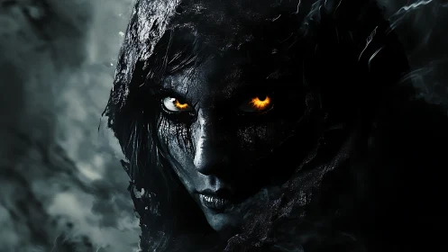 Midnight wraith with burning ember eyes emerging from void.