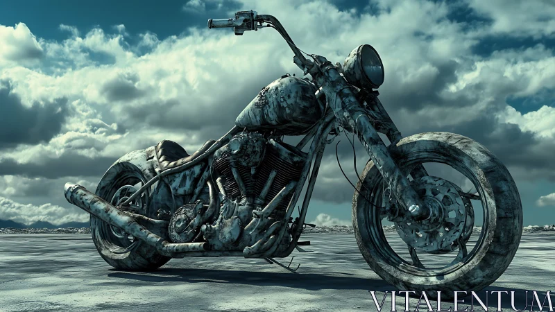 Weathered custom motorcycle rests on cracked salt flat