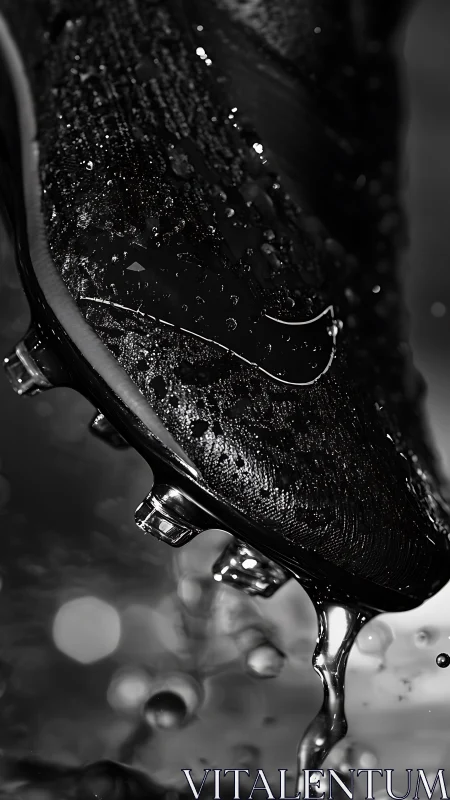 Macro close-up of wet textured soccer cleat with dripping water