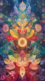 Radiant mandala blooms rise in a cosmic, prismatic night