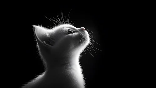 White Cat Looking Upward Against Black Background.