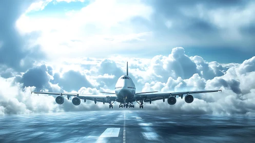 Widebody jet airliner on reflective wet runway under dense cumulus