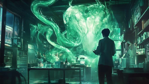 Scientist confronts vast glowing entity in dark laboratory.