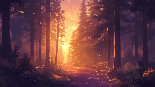 Forest pathway with dawn light penetration through tall tree stands.