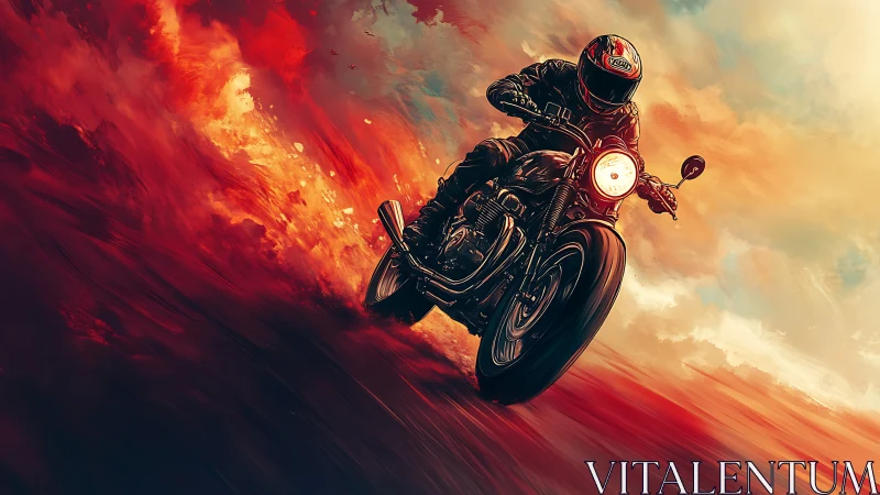 Motorcyclist riding through fiery red cloudscape scene.