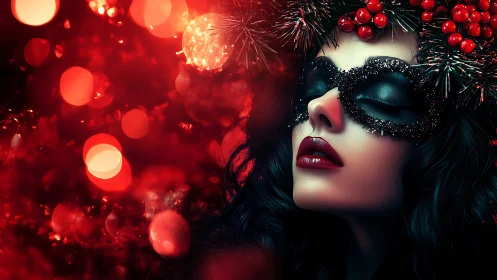 Glamorous masked portrait with saturated red bokeh lighting effects