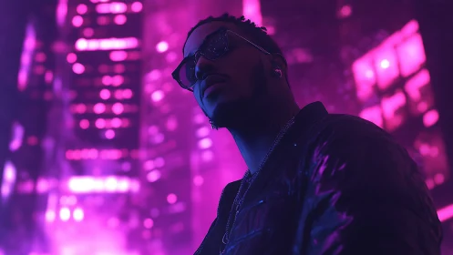 Neon-soaked city portrait under electric magenta glow.