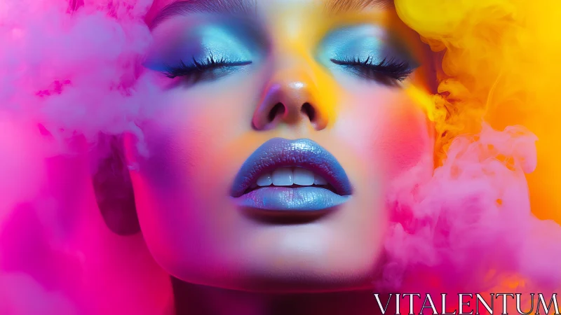 Neon portrait of woman surrounded by colorful smoke clouds.