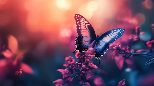 Graceful blue butterfly drifting through glowing garden light.