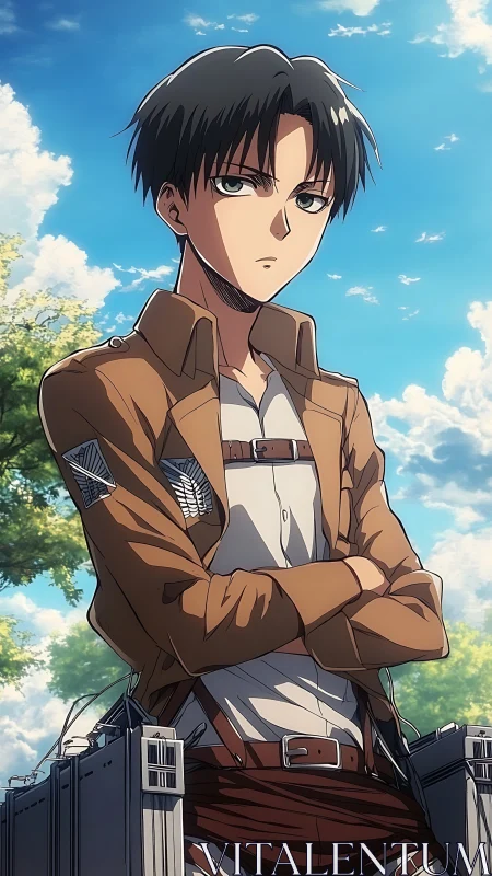 Stoic anime soldier in harnessed gear under clear sky