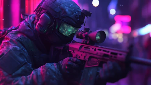 Soldier aims scoped rifle in neon lit urban environment