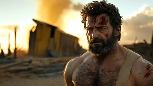 Bearded warrior in desert ruin at sunset, bloodied stance.