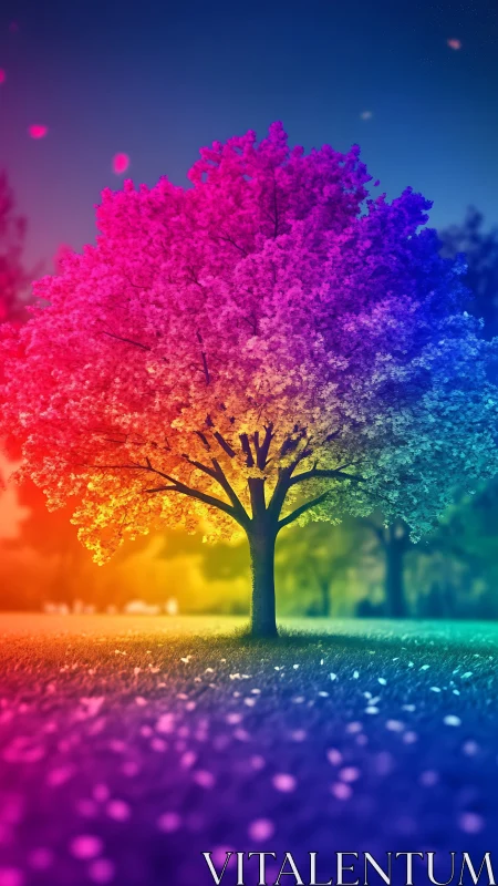 Prismatic dreamtree glowing under a neon twilight sky.